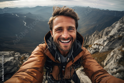 Smiling hiker captures a selfie with a sweeping mountain range behind him.