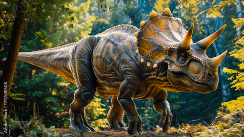 Triceratops dinosaur on a lush and verdant woods in the Cretaceous period - mesozoic era or age of dinosaurs concept