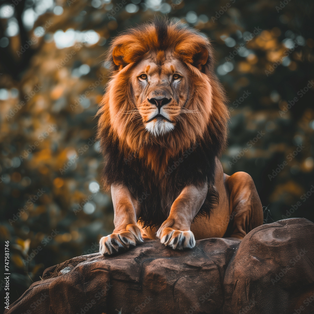 Majestic Lion Sitting on a Rock in Natural Habitat