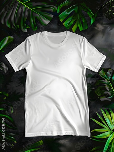 white solid t shirt no tags mockup, back of t shirt, lay flat on floor, showing back of shirt, dark background, ultra realistic mockup, green nature decorations