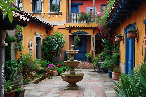 Vibrant Spanish Courtyard with Fountain and Lush Plants