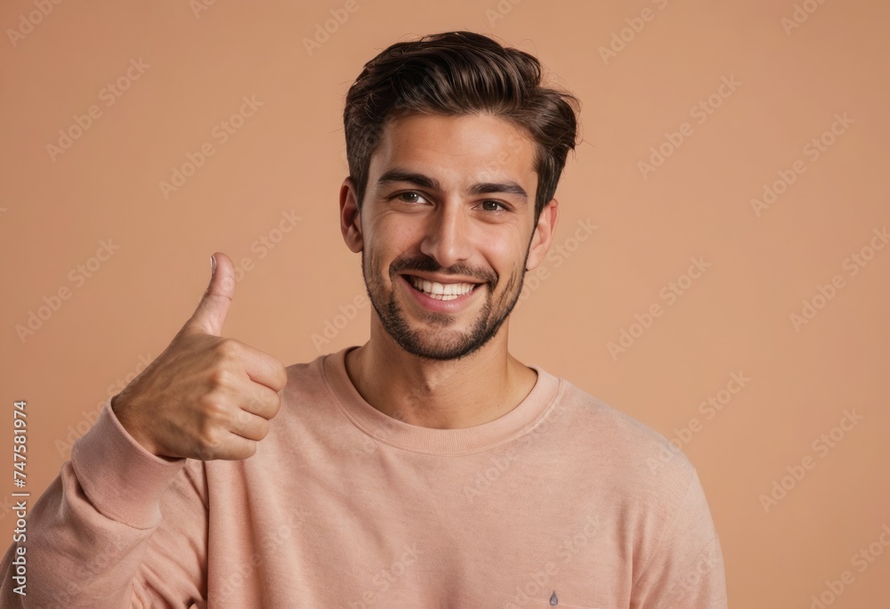 Young man in a casual tee giving a thumbs up, his stubble and warm smile suggesting relaxed confidence. Young man in a casual tee giving a thumbs up, his stubble and warm smile suggesting relaxed confidence.