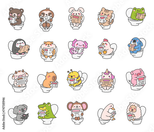 Cute animal pooping on toilet and read newspaper. Funny cartoon characters. Hand drawn style. Vector drawing. Collection of design elements.
