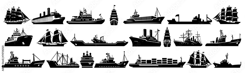 Set of collections of sea ships, sailing ships, Cruise ship, cargo ships, water transportation - vector illustration - obrazy, fototapety, plakaty 