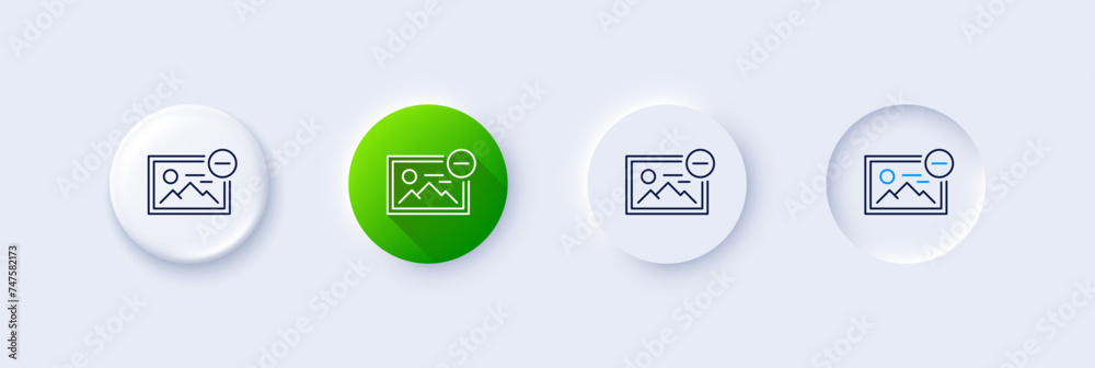 Remove image line icon. Neumorphic, Green gradient, 3d pin buttons. Photo thumbnail sign. Picture placeholder symbol. Line icons. Neumorphic buttons with outline signs. Vector