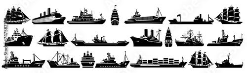 Set of collections of sea ships, sailing ships, Cruise ship, cargo ships, water transportation - vector illustration photo