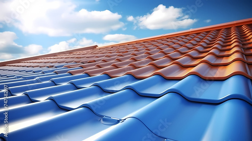 Photo of new roof, close-up of roof tiles against blue sky