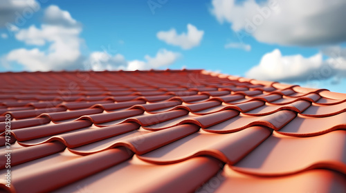 Photo of new roof, close-up of roof tiles against blue sky