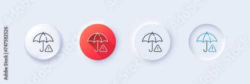 Risk management line icon. Neumorphic, Red gradient, 3d pin buttons. Important warning sign. Insurance warn symbol. Line icons. Neumorphic buttons with outline signs. Vector