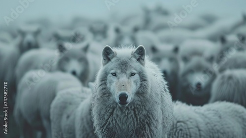 A wolf in sheep's clothing, concept of pretending harmless but dangerous or malicious, spy, Aesop's fables, hiding and Jesus Sermon. photo