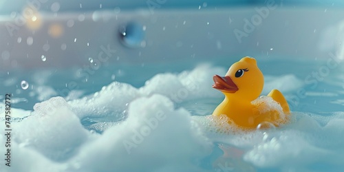Yellow rubber duck toy floating on a bubble bath tub, top view, copy space, summer vacation, relaxation, bubble bath. photo