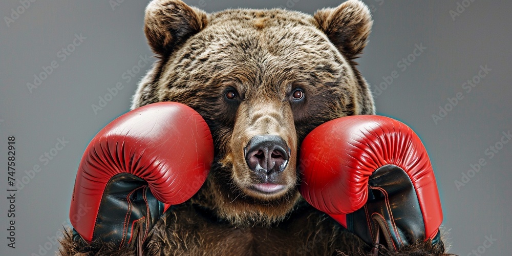 Fiercely grizzly bear boxer wearing red boxing gloves isolated on dark gray background with copy space, close up. - obrazy, fototapety, plakaty 