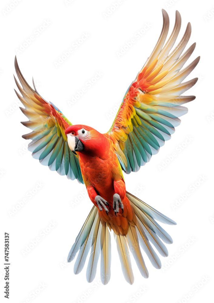 Flaying parrot isolated on the transparent background