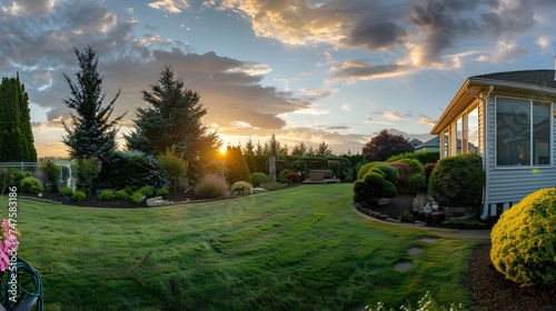 Upscale home garden at sunset, panoramic view of beautiful landscaped house backyard. Wide banner with path, flowers, trimmed bushes and green plants photo