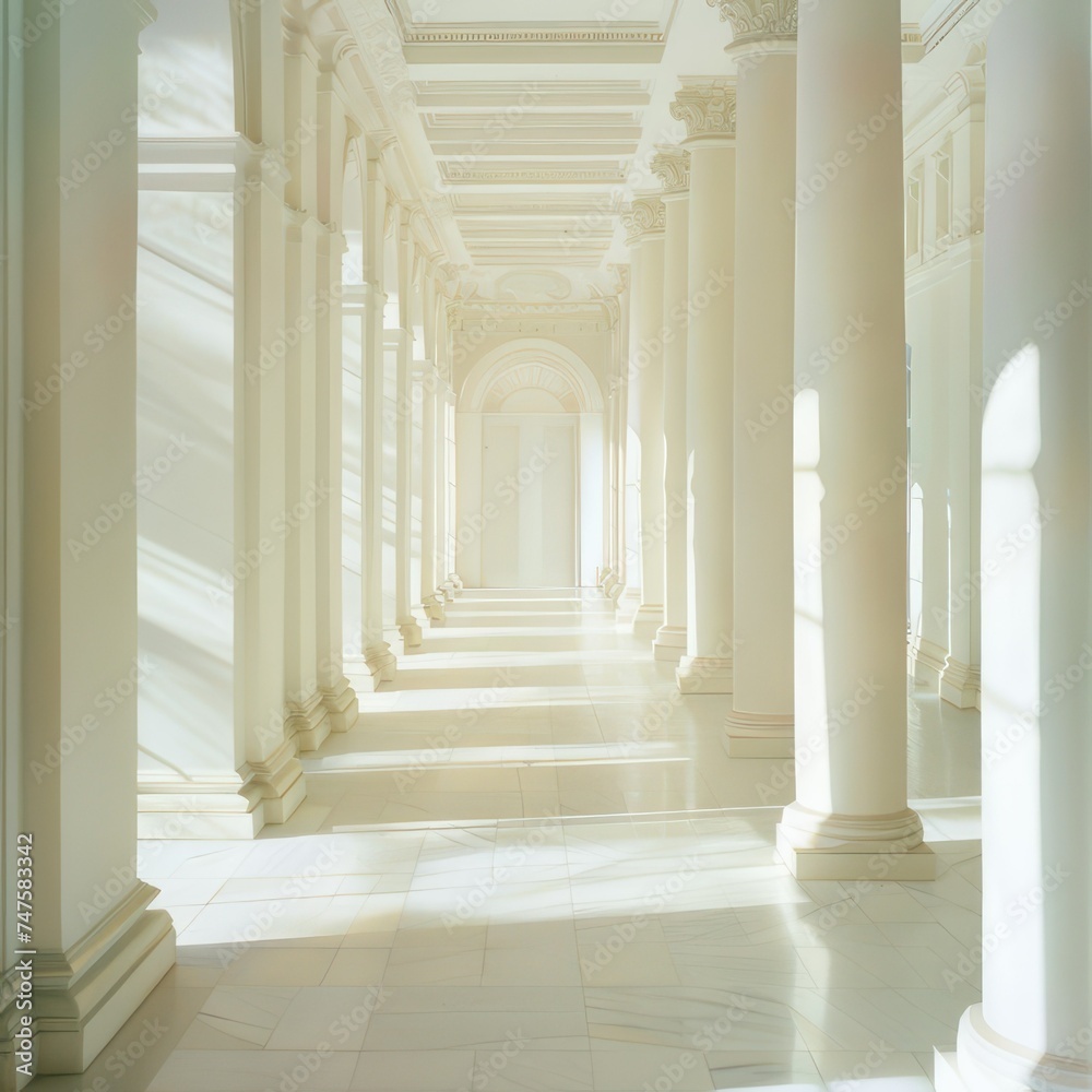 Walkthrough between colonnade and modern office building in city downtown	