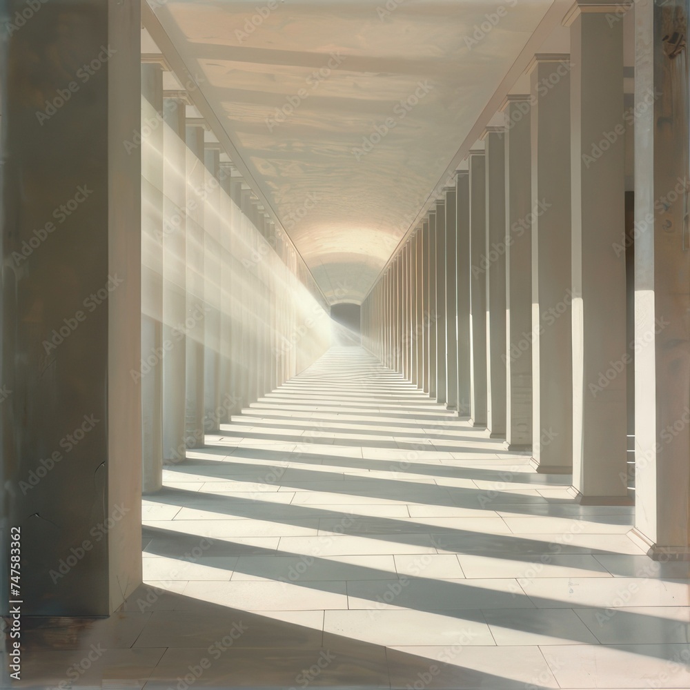 Fototapeta premium Walkthrough between colonnade and modern office building in city downtown