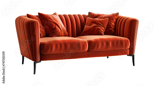  A contemporary sofa upholstered in rich velve, transparent background. photo