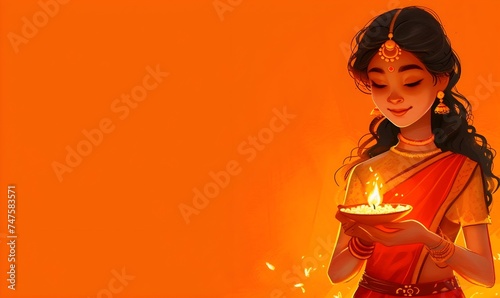 Illustration of an Indian Girl with Diya in Traditional Dress. Diwali Celebration: Indian Girl holding a diya, lit oil candle. copy space. - AI Generated. photo