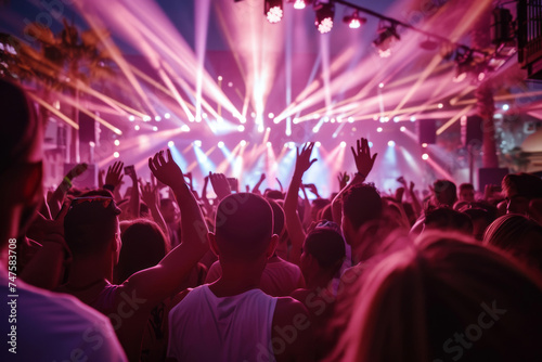 Many people standing with raised hands up in nightclub  rock concert  music festival  party. Entertainment  night life  vacation  dance floor  disco club concept