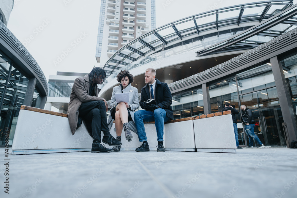 Three business partners collaborating on a project while sitting outside modern office buildings. City life energizes their productive meeting.