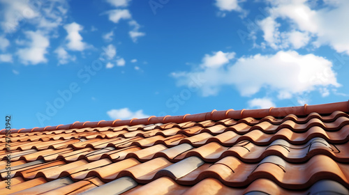 Photo of new roof, close-up of roof tiles against blue sky © ma