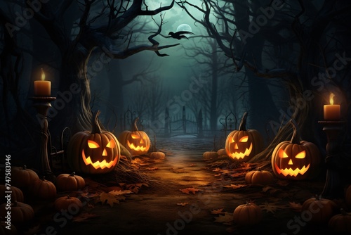 a pumpkins and trees with a gate and a bird flying in the sky