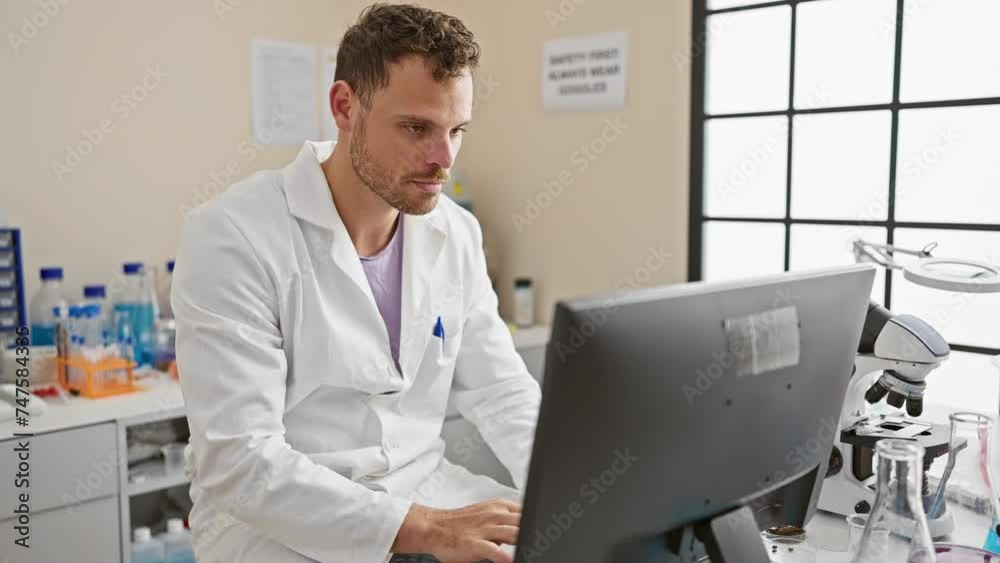 Handsome man in lab coat working at computer in a bright research laboratory Handsome man in lab coat working at computer in a bright research laboratory