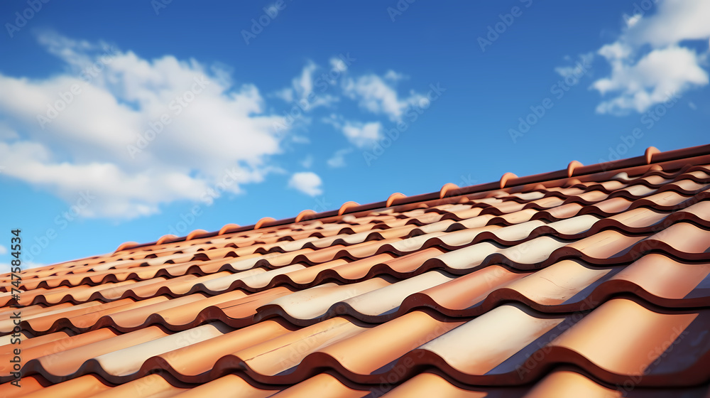 Photo of new roof, close-up of roof tiles against blue sky