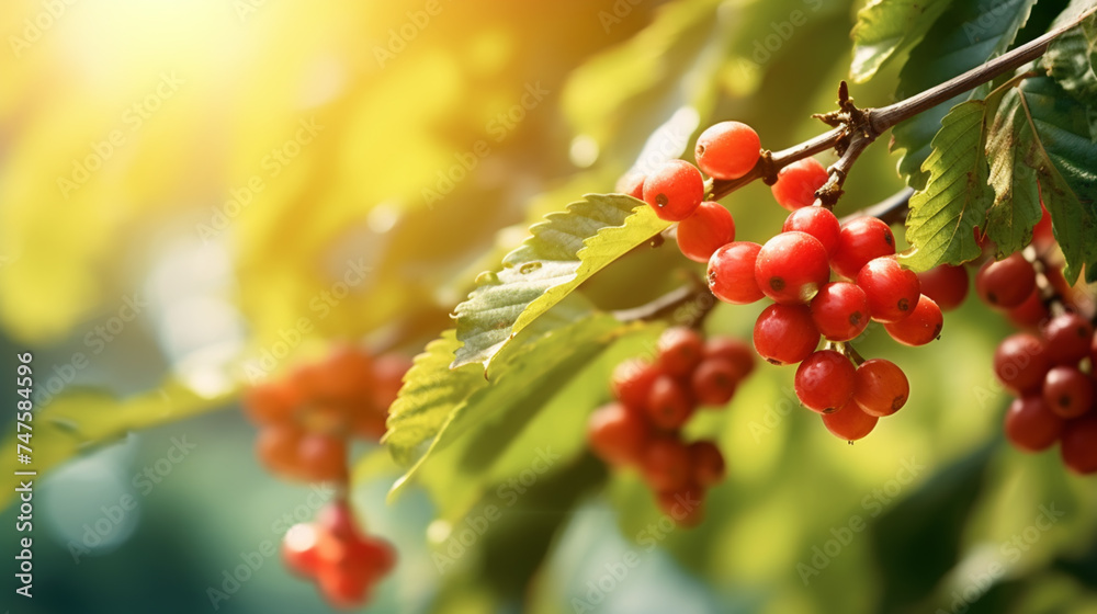 Obraz premium Close up Fresh organic red coffee cherries, raw berries coffee beans on coffee tree plantation.