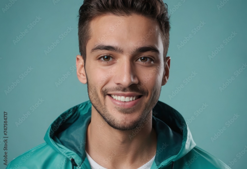 A man wearing a teal jacket smiles warmly, exuding approachability. The blue background highlights his friendly demeanor. A man wearing a teal jacket smiles warmly, exuding approachability. The blue background highlights his friendly demeanor.