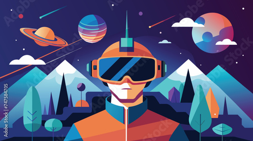 Futuristic VR Experience Amidst Snowy Mountains at Night