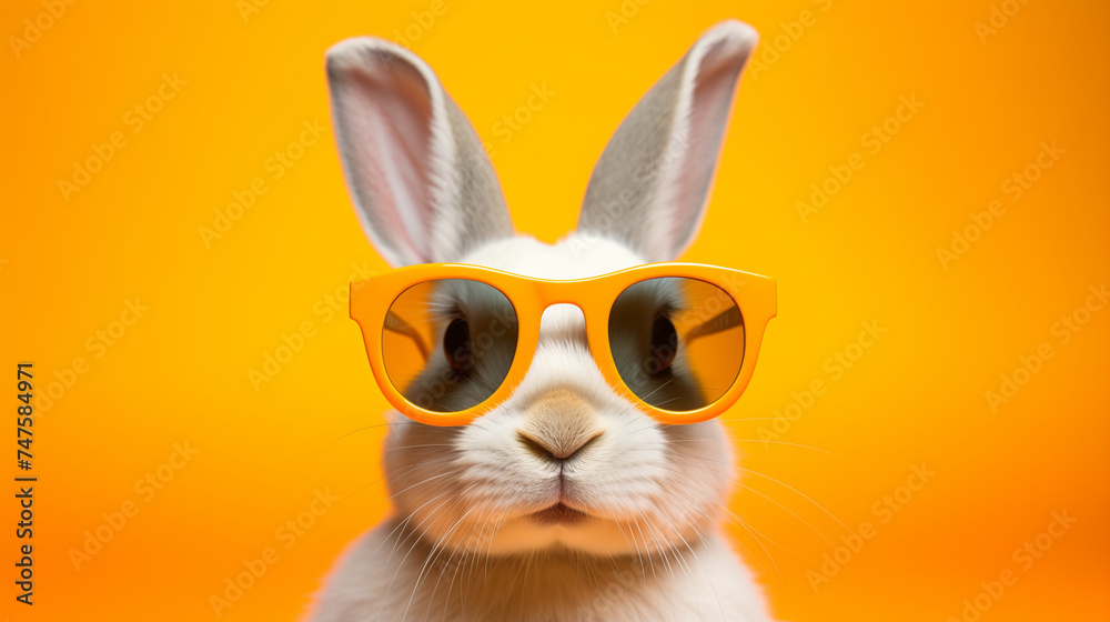 White rabbit wearing sunglasses against an orange background. Generative AI White rabbit wearing sunglasses against an orange background. Generative AI