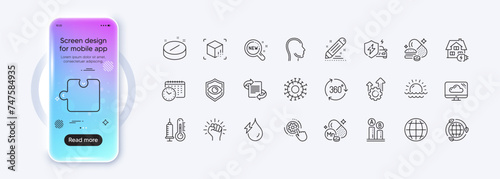 Eye detect, Hydroelectricity and Coronavirus line icons for web app. Phone mockup gradient screen. Pack of Seo gear, Overeating pills, Puzzle pictogram icons. Home charging, Head, Globe signs. Vector