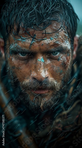 Warrior's determined face contrasts with stormy backdrop, showing resilience and strength. photo