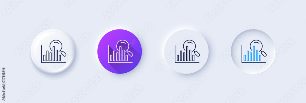 Search line icon. Neumorphic, Purple gradient, 3d pin buttons. Audit analysis sign. Magnify glass. Line icons. Neumorphic buttons with outline signs. Vector