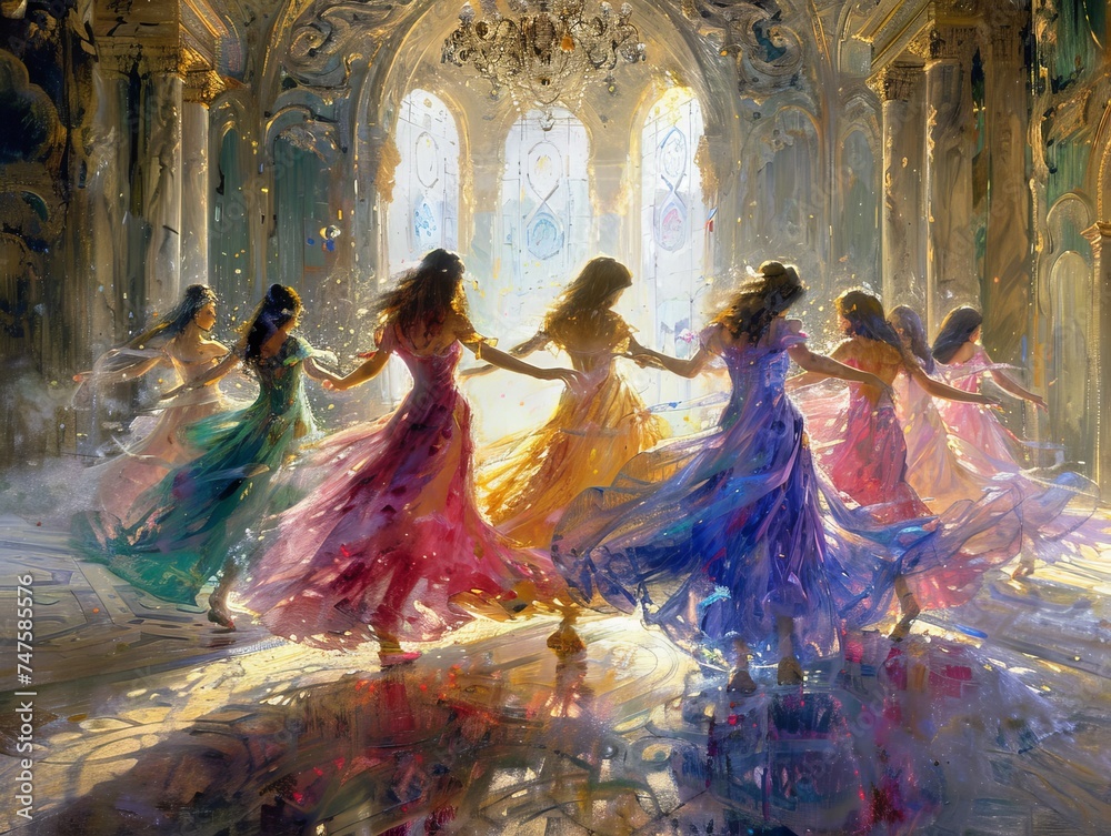 Enchanted ballroom hosts magical creatures gracefully dancing amidst spellbinding beauty.