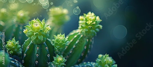 A detailed view of a Tajinaste Echium cactus plant with green succulent flowers, showcasing water droplets on its surface. photo