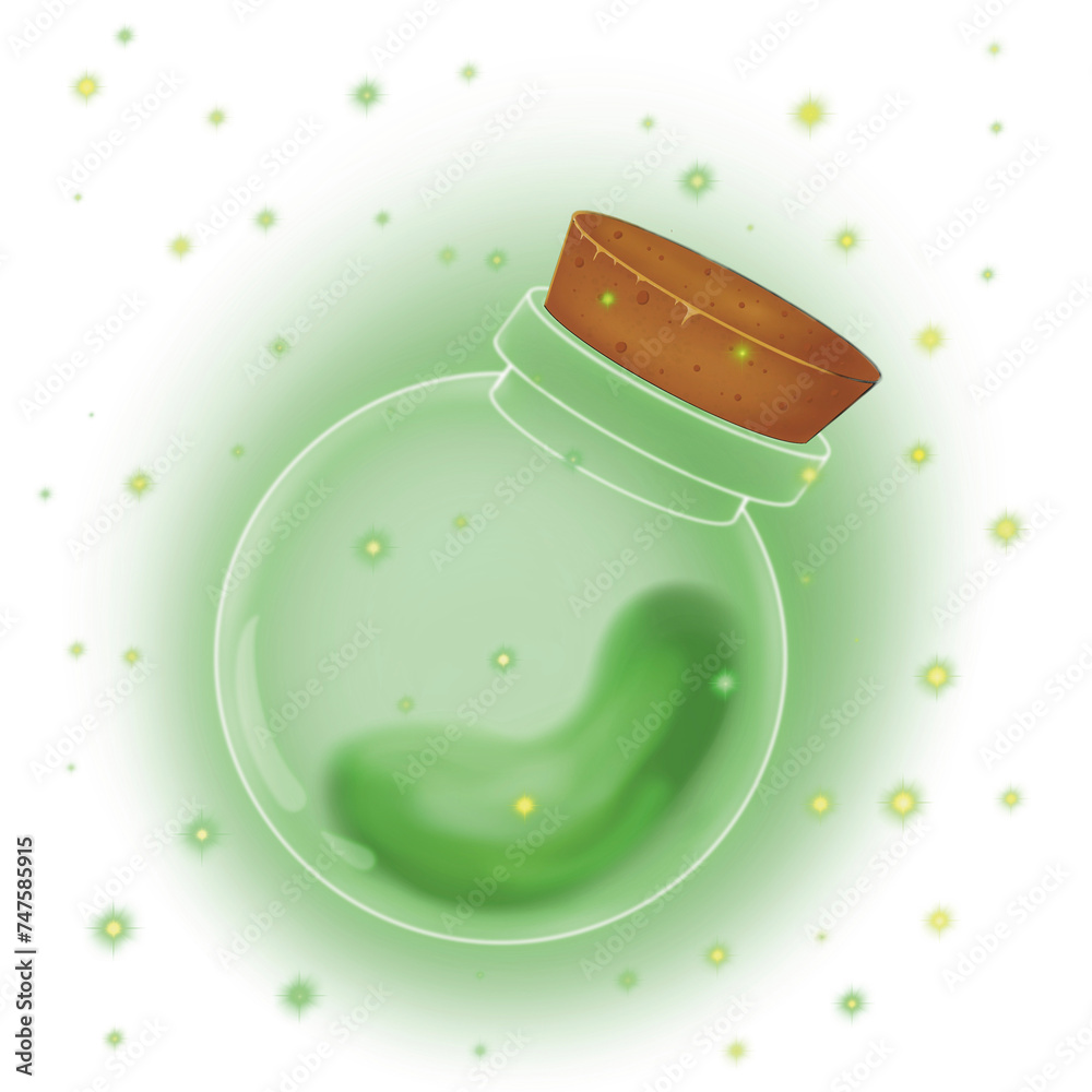 Round glass jar with cork stopper and green potion inside on transparent background Round glass jar with cork stopper and green potion inside on transparent background