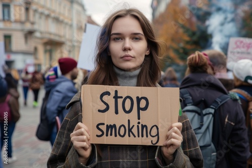 A woman at a street rally holds a sign with the words "Stop Smoking" against the backdrop of the crowd. © Luiri Art