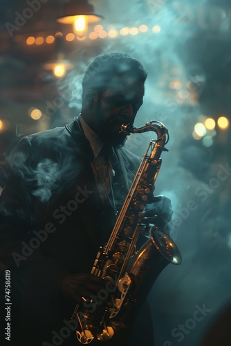 Saxophonist mesmerizes in a 1920s jazz club, amidst smoky, sultry ambiance.