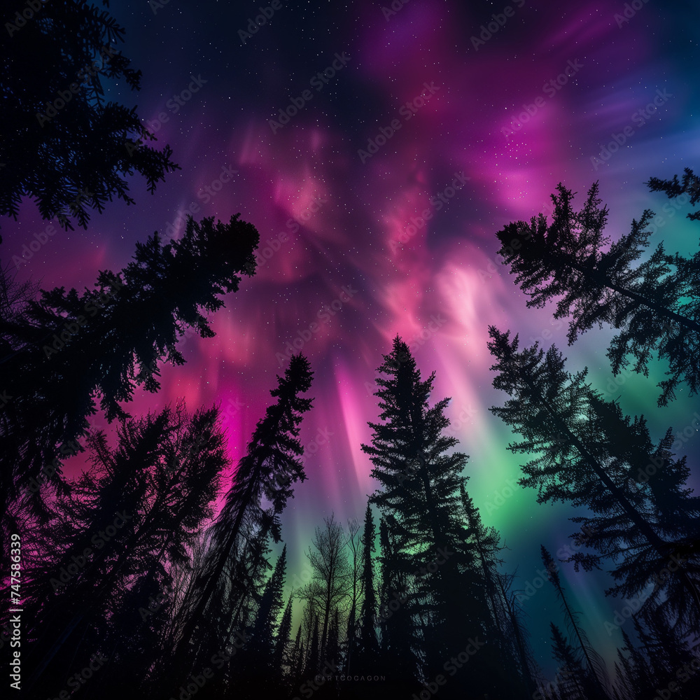 Fototapeta premium Majestic Aurora Borealis Display Over Forest