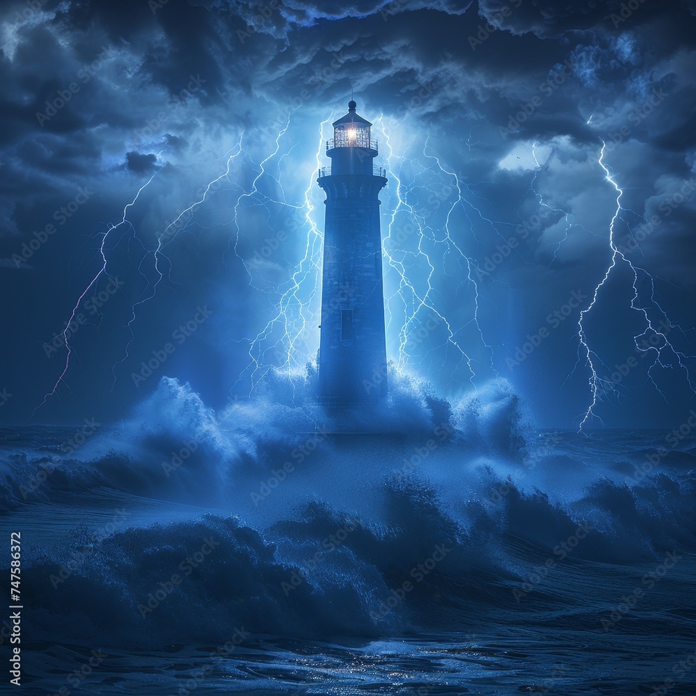 A lonely lighthouse stands amidst a thunderstorm, sea illuminated by lightning, embodying dramatic isolation.
