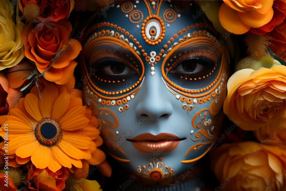Close-up of a girl's face in a bright colored venetian mask