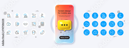 Phone mockup with 3d chat icon. Express delivery, Noise and Charging station line icons. Pack of Sausage, Vacancy, Car insurance icon. Home insurance, Discounts app, Lips pictogram. Vector