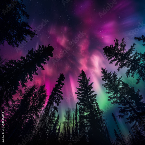Majestic Aurora Borealis Display Over Forest