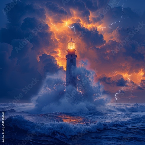 Amidst the thunderstorm, a lonely lighthouse stands, with lightning casting an eerie glow over the turbulent sea.