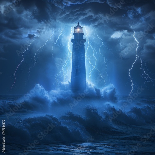 A lonely lighthouse stands amidst a thunderstorm, sea illuminated by lightning, embodying dramatic isolation.