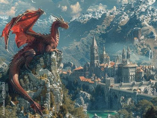 A majestic dragon rests on a peak, gazing at a sprawling realm below.