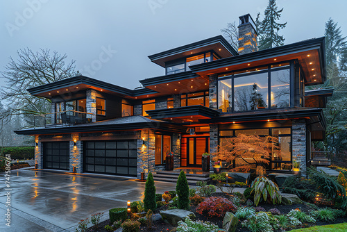 Large modern house with three garage spaces and concrete driveway.
