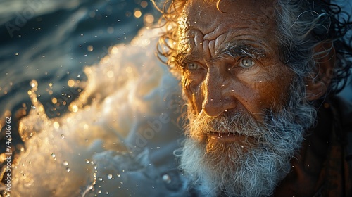 An old fisherman shares seaside tales at dusk with gentle waves crashing in the background.